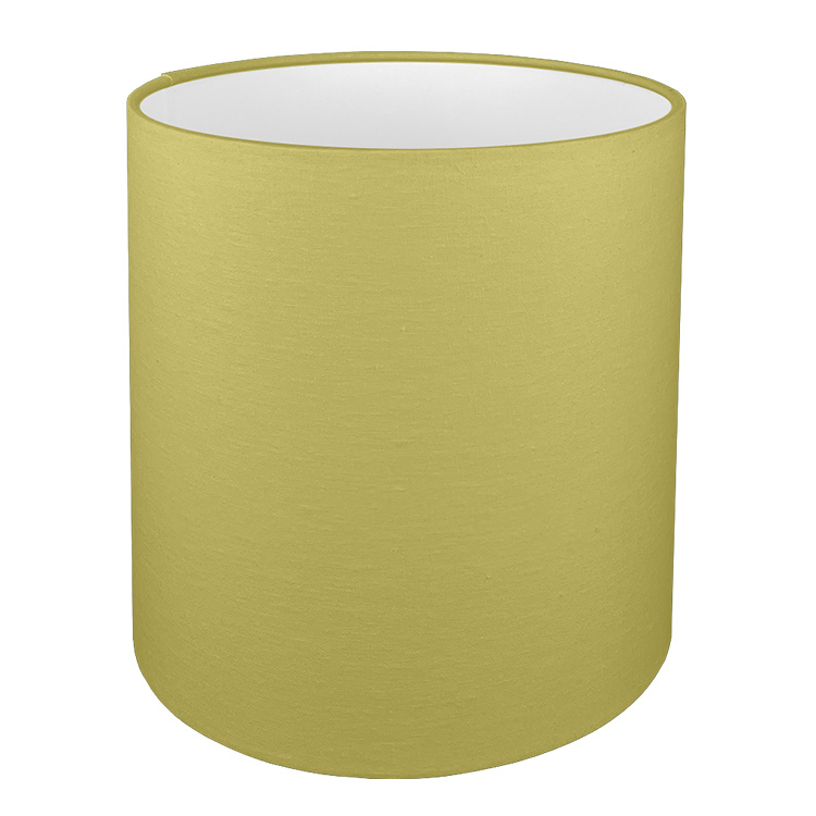 A tall drum lampshade in kiwi green brushed cotton with a white PVC inner lining