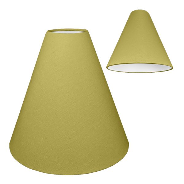 A kiwi green cone light shade with a white PVC lining on the inside