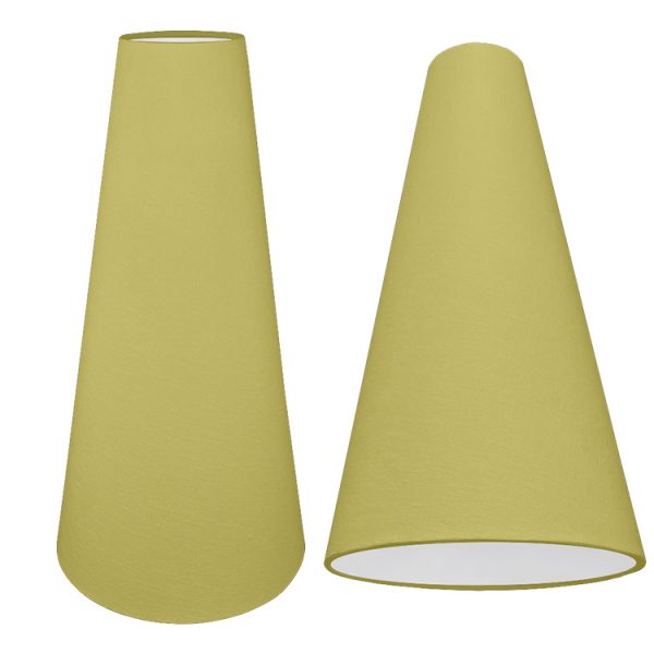 A tall cone lampshade with a kiwi green brushed cotton outer and plain white PVC inner