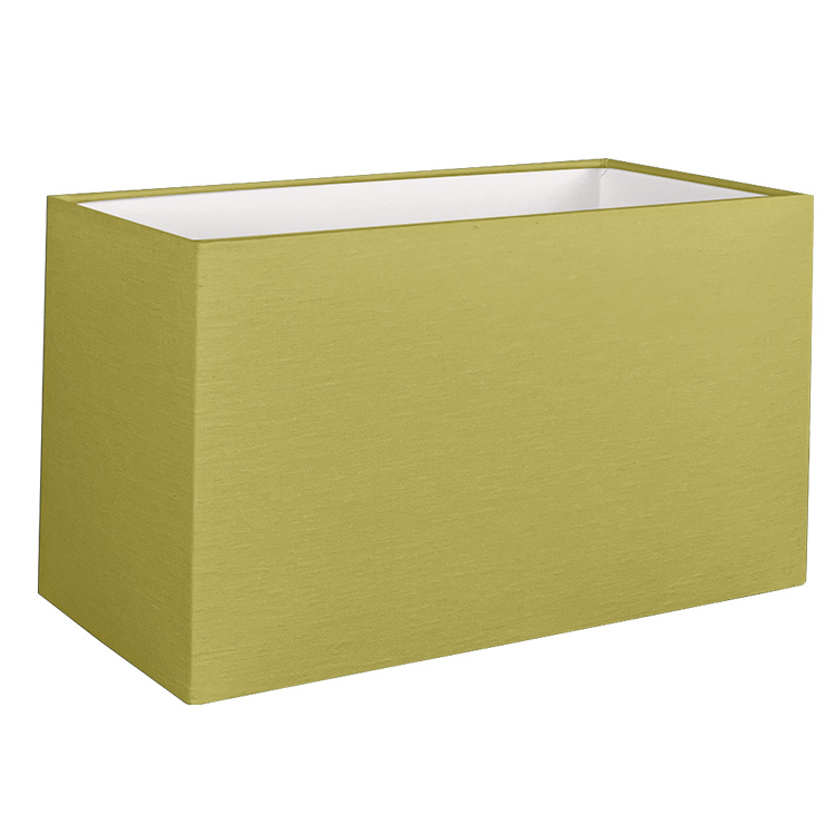 Our kiwi green rectangle lampshade shown with a standard white PVC lining