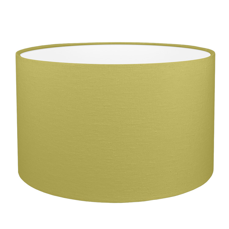 A kiwi green drum lampshade with white PVC lining