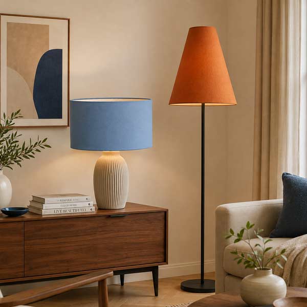 Morden-Lampshades-Main-text Contemporary lampshades on table and floor lamps