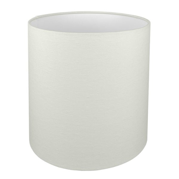 A tall drum lampshade in off white brushed cotton with a white PVC inner lining