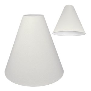 An off white cone light shade with a white PVC lining on the inside