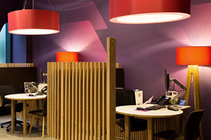 NatWest / RBS Wholesale Lamp Shades Project Red drum pendant lamp shades and orange table lamp shades in a NatWest / RBS interior.