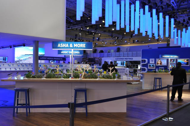 Nokia A Nokia trade show with Blue branded rectangular and tubular lampshades