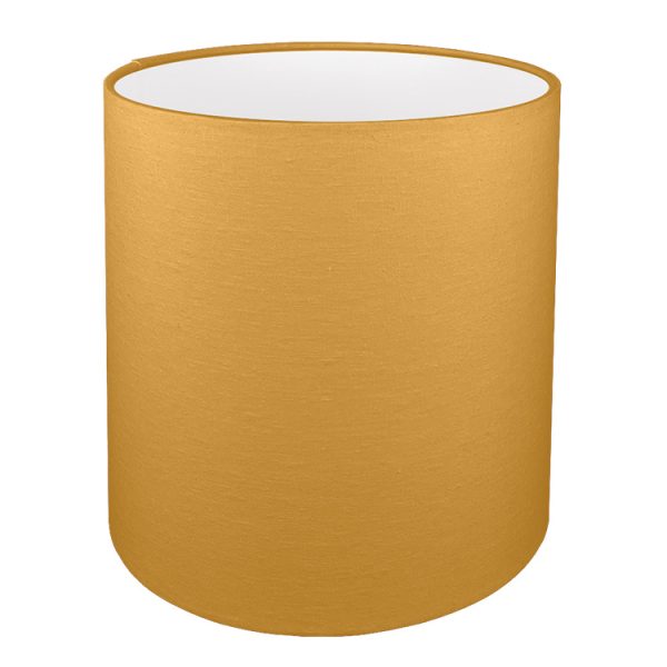 A tall drum lampshade in old gold brushed cotton with a white PVC inner lining