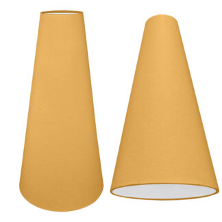 A tall cone lampshade with a old gold brushed cotton outer and plain white PVC inner