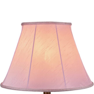 Illuminated pale pink faux silk empire lampshade with pale pink rope trim