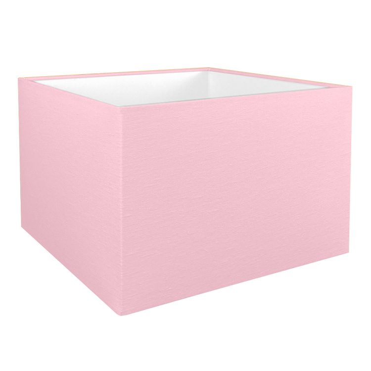 The pink square lampshade shown with the standard white PVC lining option