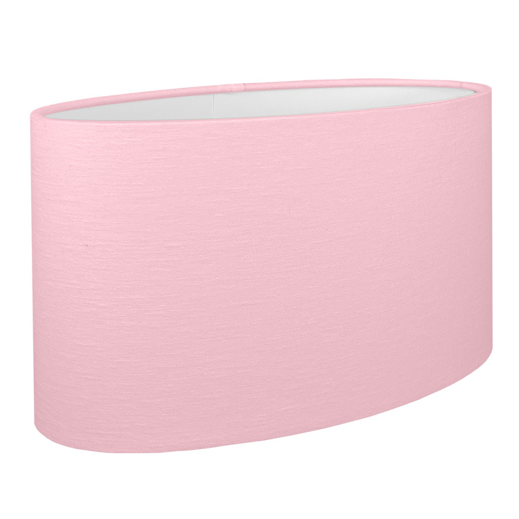 A pink oval lampshade shown with the standard white PVC lining