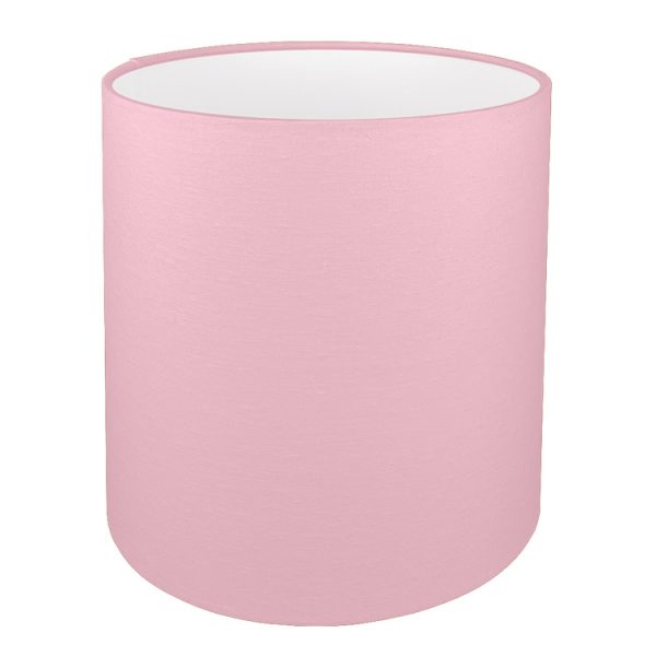 A tall drum lampshade in pink brushed cotton with a white PVC inner lining