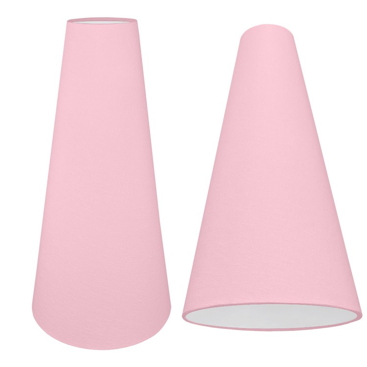 A pink tall cone lampshade with a pink brushed cotton outer and plain white PVC inner