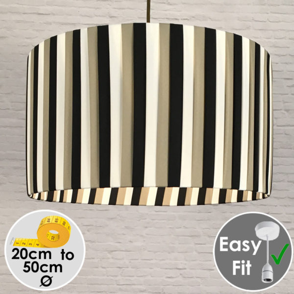 Pleated Drum Pendant lightshade in Khaki, Black and Cream Striped Ribbon. Switched On