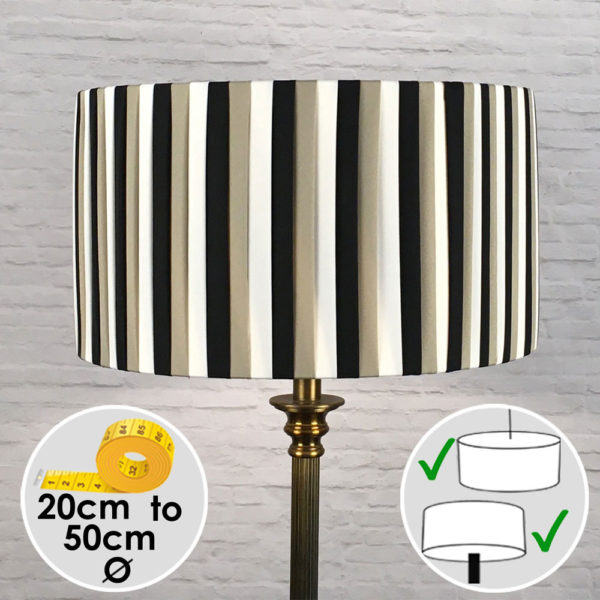 Pleated Drum Lampshade in Khaki, Black and Cream Ribbon. Switched On