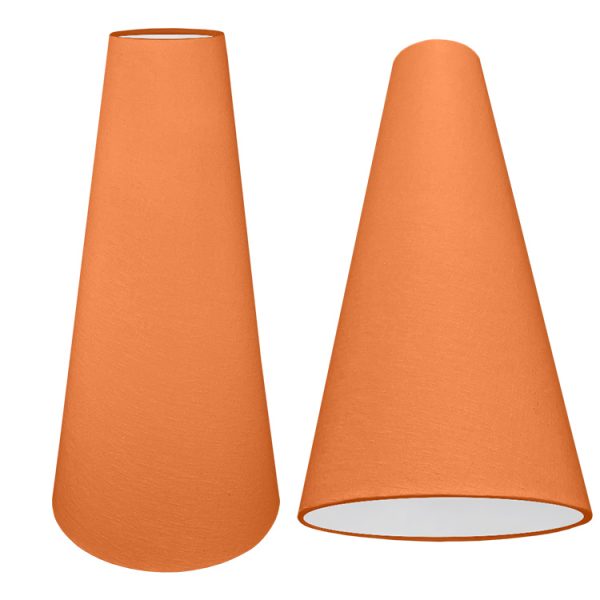 A tall cone lampshade with a orange brushed cotton outer and plain white PVC inner