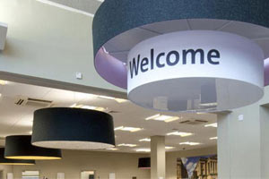 RBS-Bank The interior of a RBS bank with large commercial lampshades featuring a welcome message
