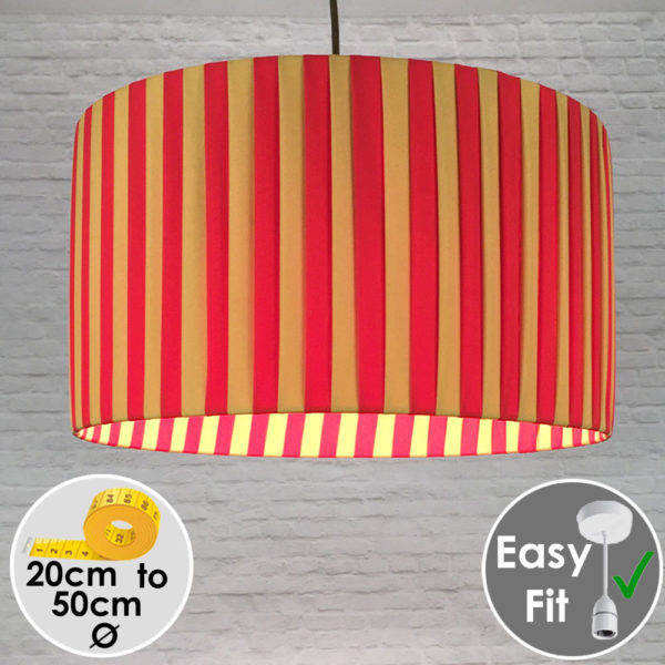 Pleated Drum Pendant lightshade in Red and Gold Striped Ribbon. Switched On