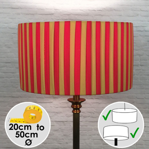 Pleated Drum Lampshade in Red and Gold Striped Ribbon. Switched On