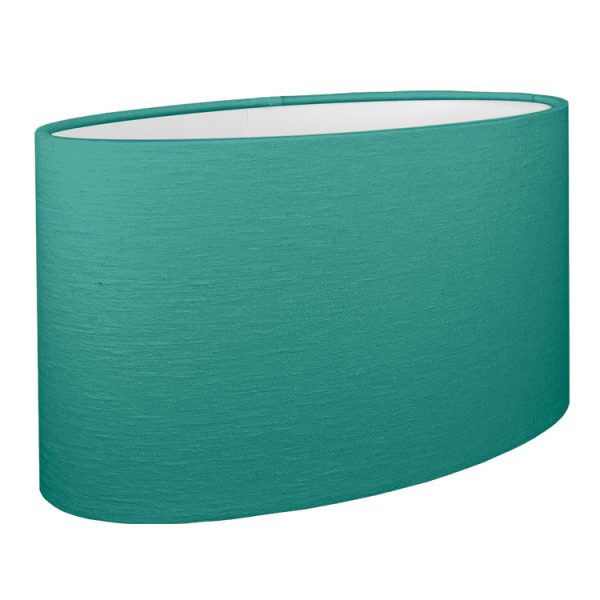 A teal oval lampshade shown with the standard white PVC lining