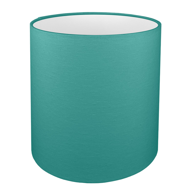 A tall drum lampshade in teal brushed cotton with a white PVC inner lining