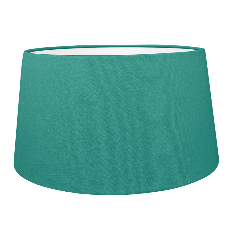 Modern teal brushed cotton french drum style lampshade shown with the white lining option