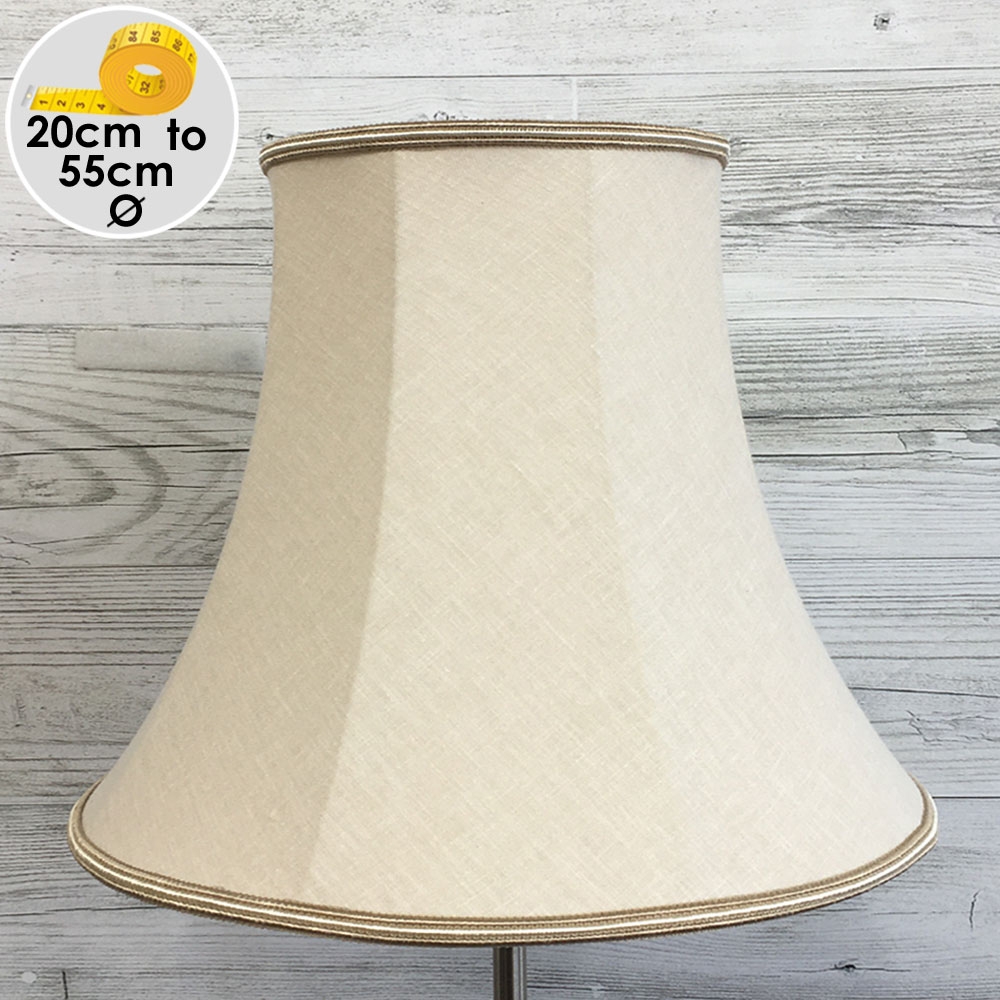 A Traditional Bowed Empire shaped lampshade in Natural coloured linen with a two tone Fawn and Oyster Soutache Trim