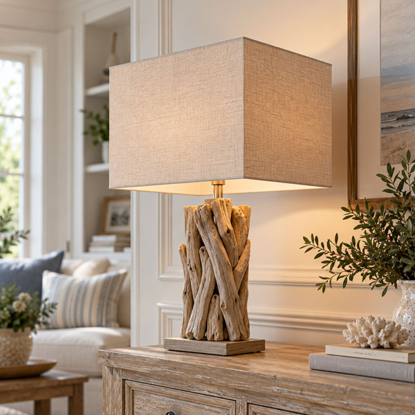 Square lampshade on a driftwood table lamp in a New England style interior