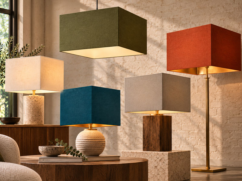 Square lampshades in different colours for table, floor and pendant lights