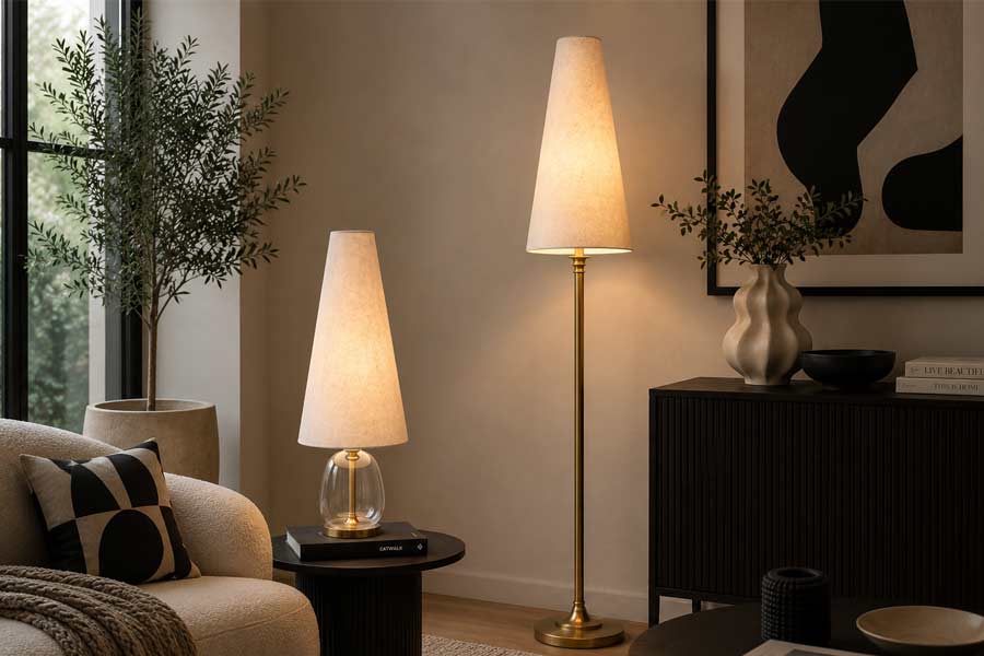 Tall Cone Lampshades for Table and Floor Lamps Tall cone lampshades on table and floor lamps in a modern living room