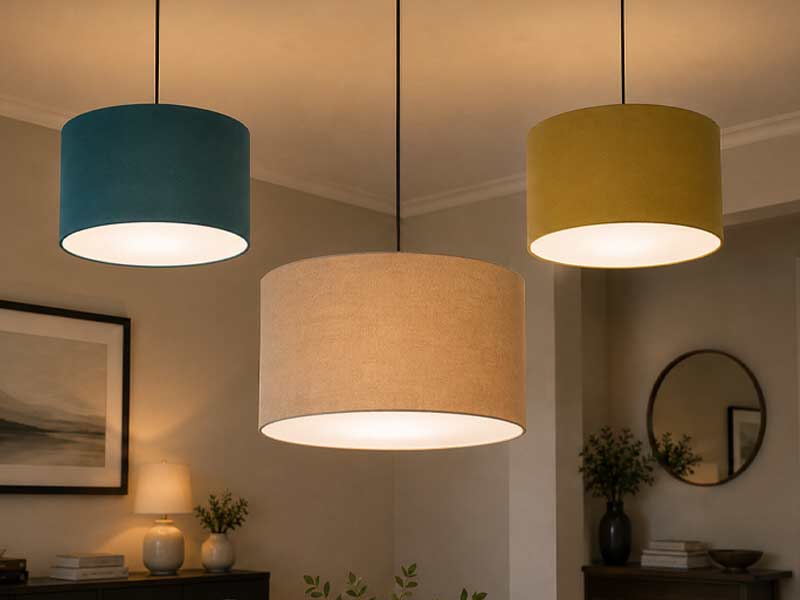 Three-Easy-fit-drum-pendants Colourful drum pendant lampshades with white diffusers