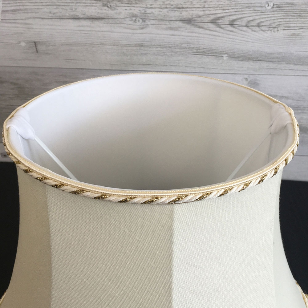 Top view of the Cream Brushed Cotton Linen Bowed Drum Lampshade with Cream and Gold Rope trim. Also showing the soft white internal lining.