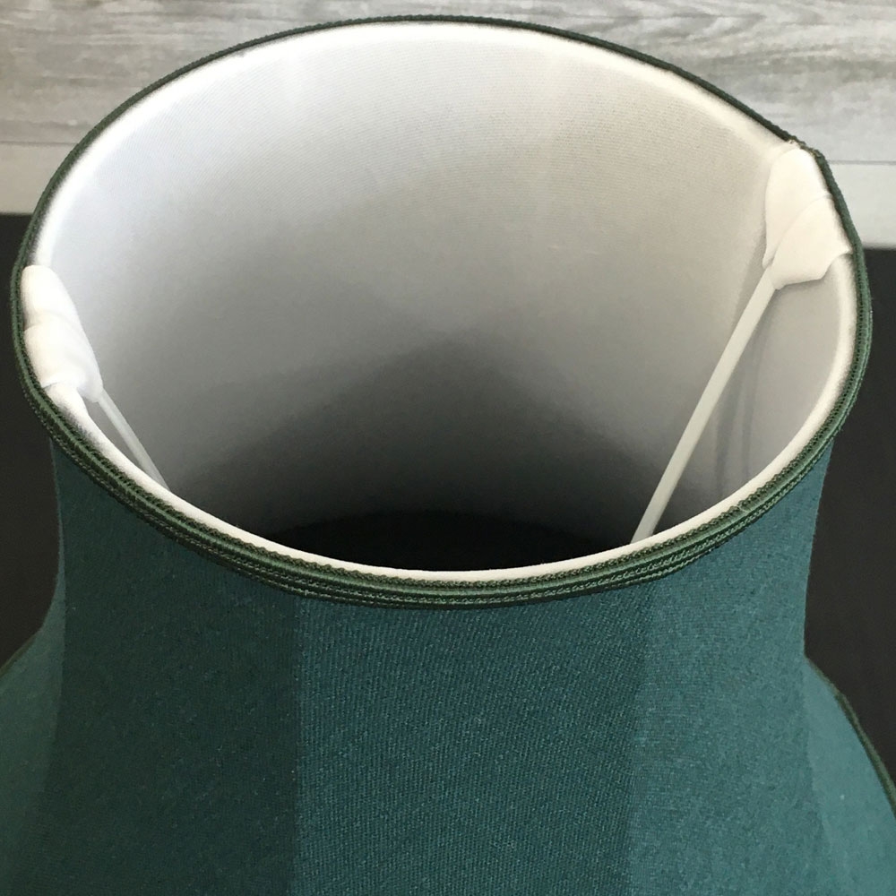 View from the top, Traditional Bowed Empire in Teal Linen with a Dark Green Soutache Trim. Showing the soft white interior lining.