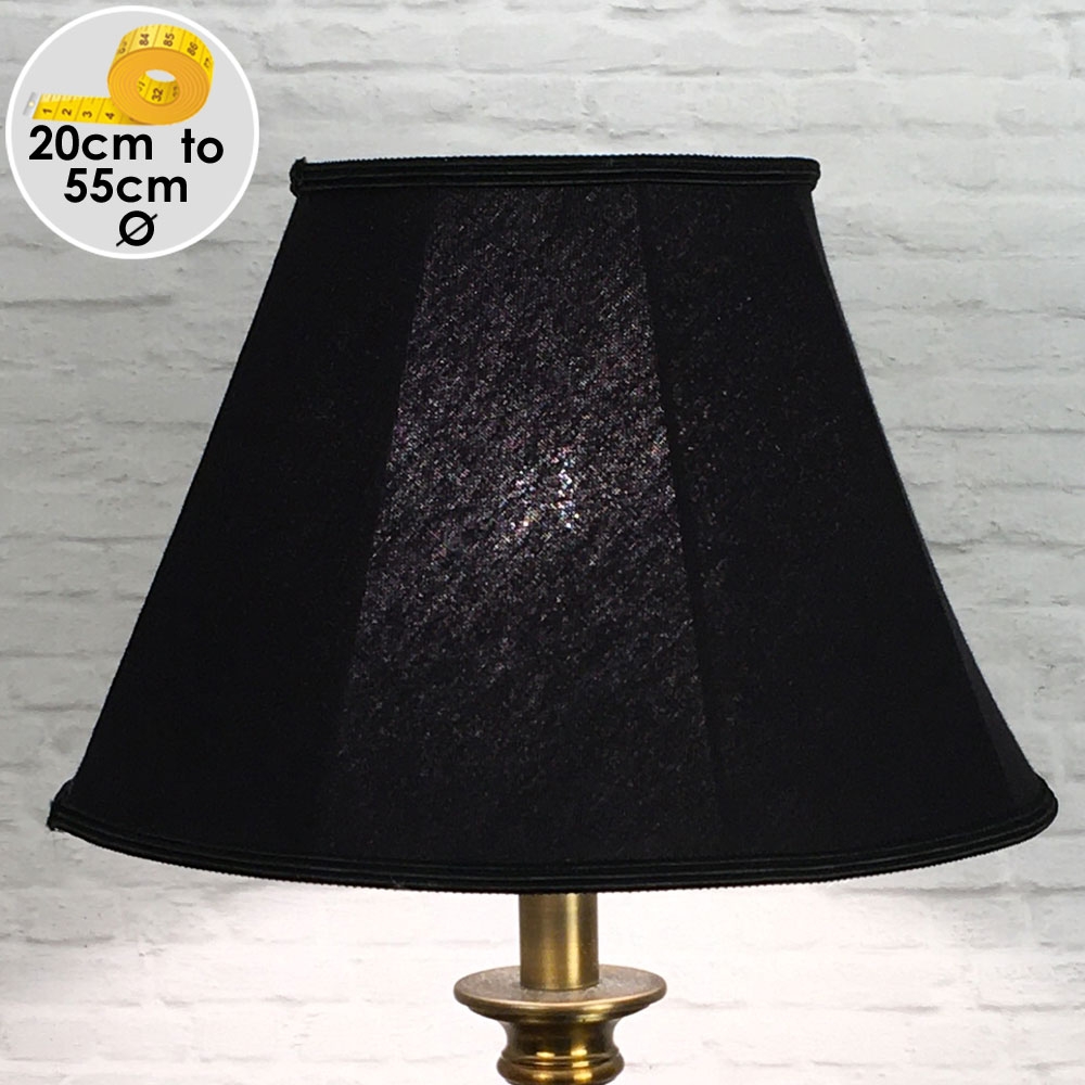 Straight sided Retro Empire lampshade in Black Brushed Cotton with a matching Black Soutache trim. Shown switched on. Sizes available for all table, floor and standard lamps.