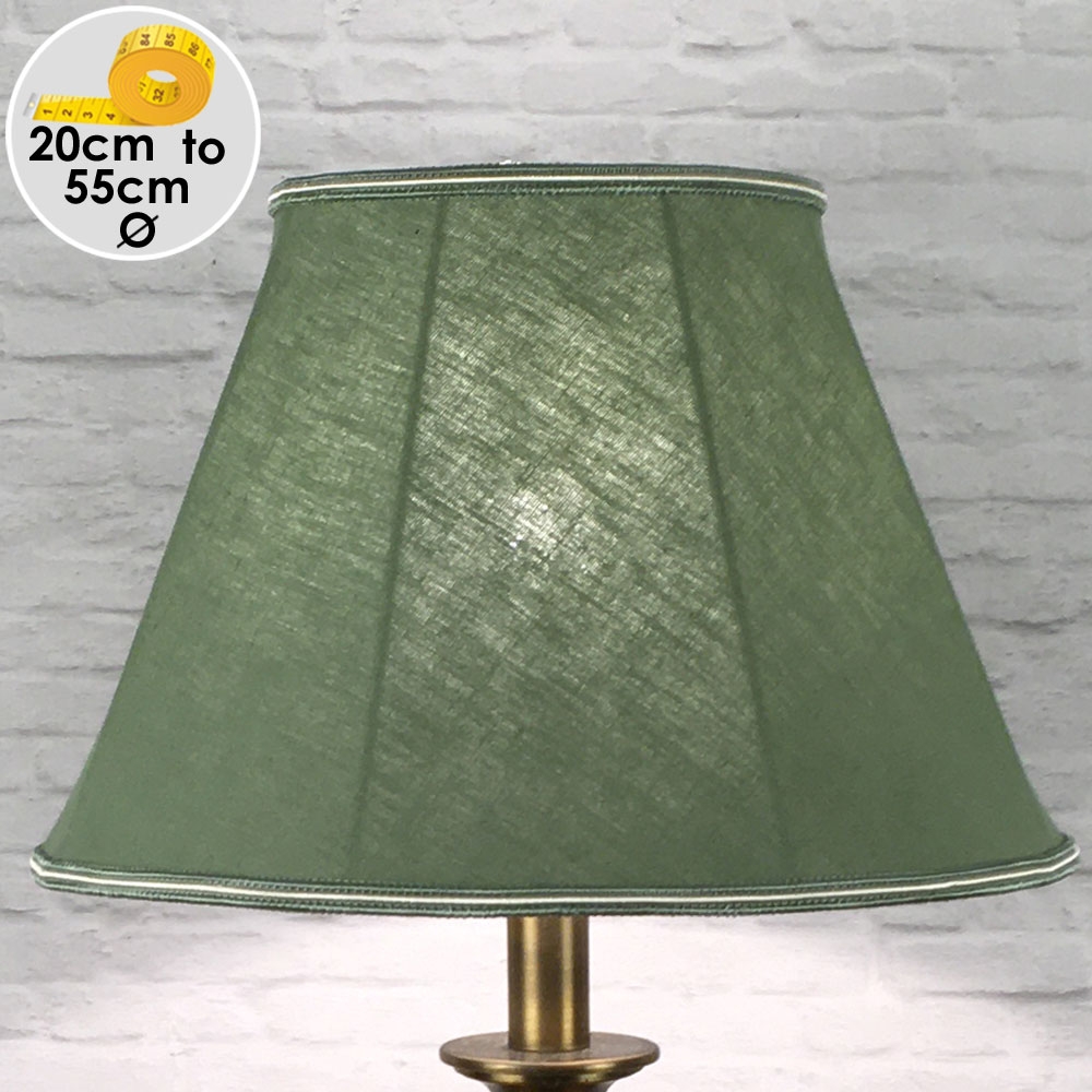 Green retro empire shaped lampshade in brushed cotton with a two tone green and oyster trim top and bottom