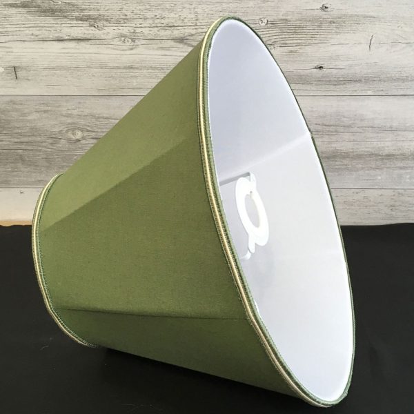 Side view showing inside white lining of green retro empire lampshade