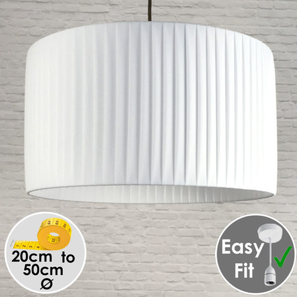 White pleated drum lampshade shown as a pendant