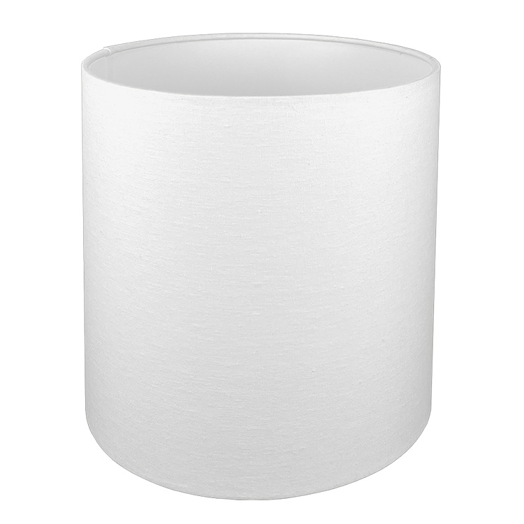 A tall drum lampshade in white brushed cotton with a white PVC inner lining