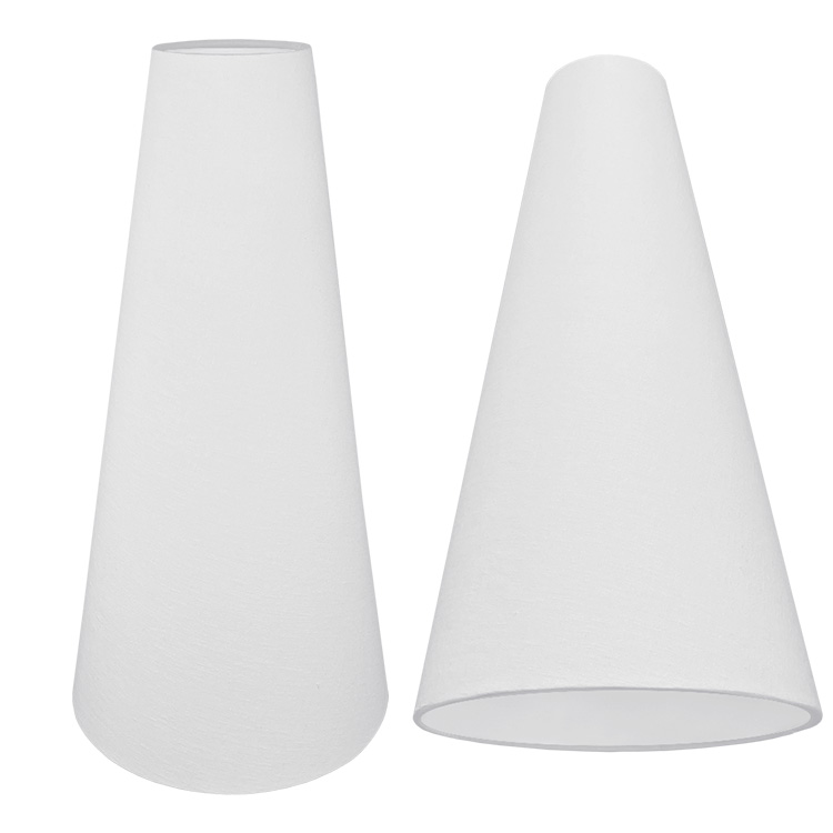 A simple tall cone lampshade with a white brushed cotton outer and plain white PVC inner