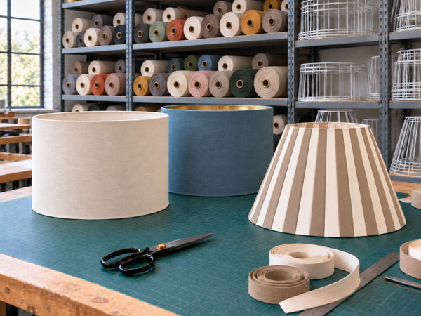 Workshop. Cream and blue drum lampshades beside a cream and taupe pleated shade, with fabric rolls and lampshade frames behind.
