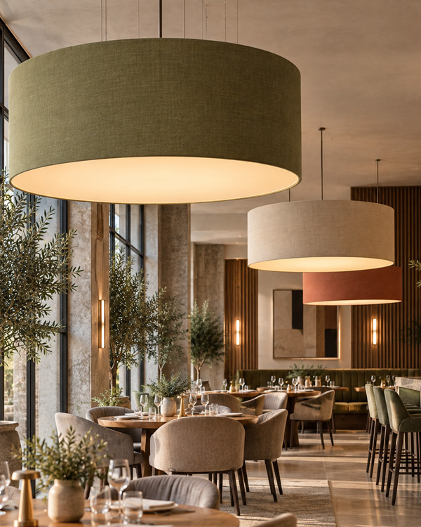 A set of three extra large drum lampshades in a restaurant setting