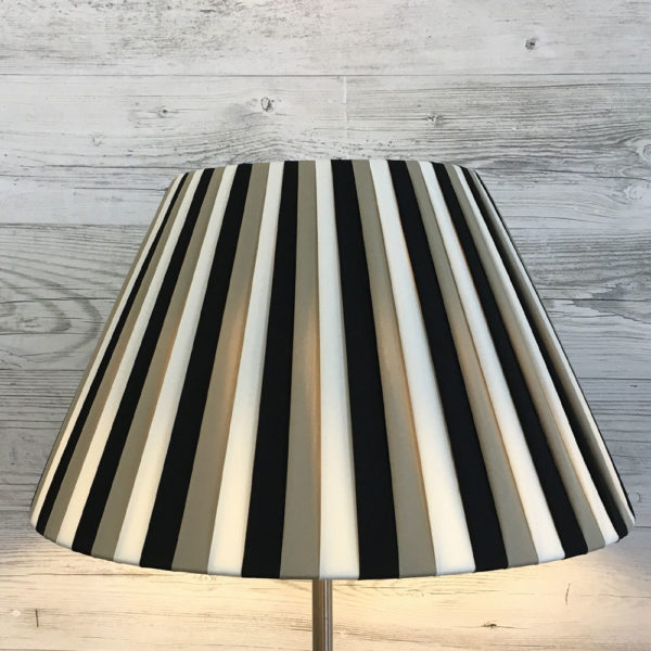 Knife Pleat Lampshade in Khaki Black and Cream Stripe for Table Lamp. Switched On