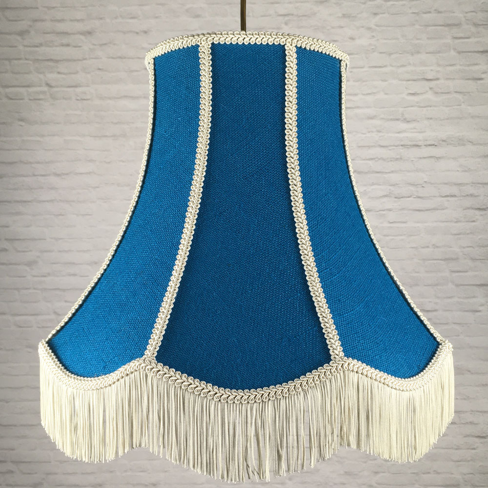 Blue hessian scalloped bowed empire pendant lampshade with dark cream trim, cream fringe and cream balloon lining