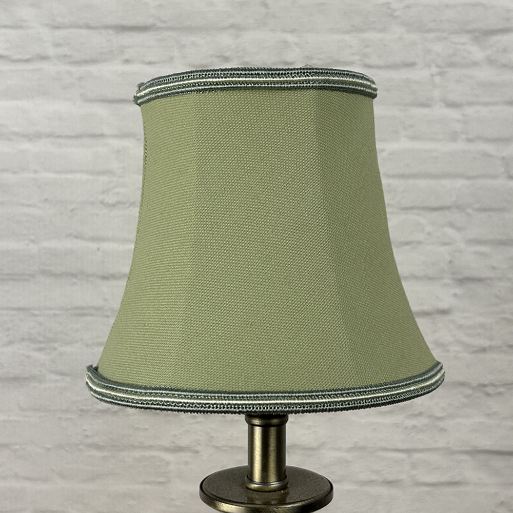 Pear brushed cotton bowed chandelier shade with green and oyster soutache trim unlit