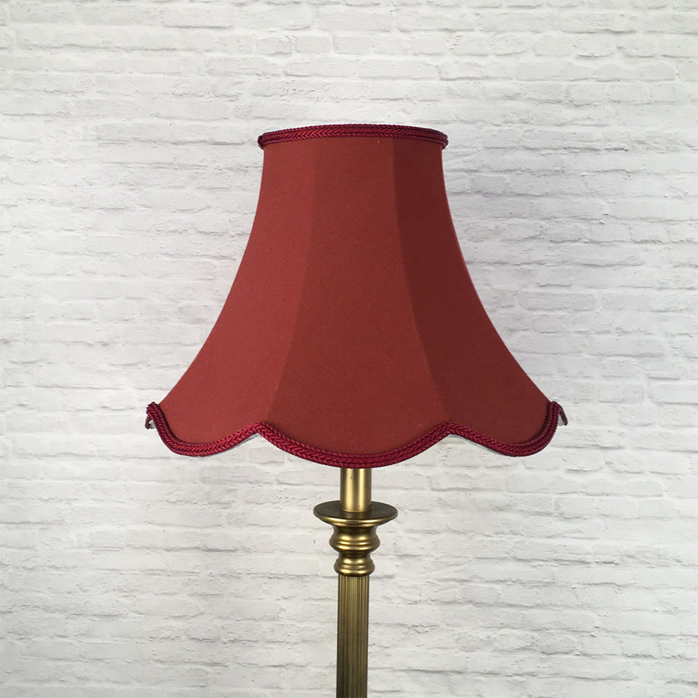 Ruby scalloped bowed empire lampshade on antique brass standing lamp