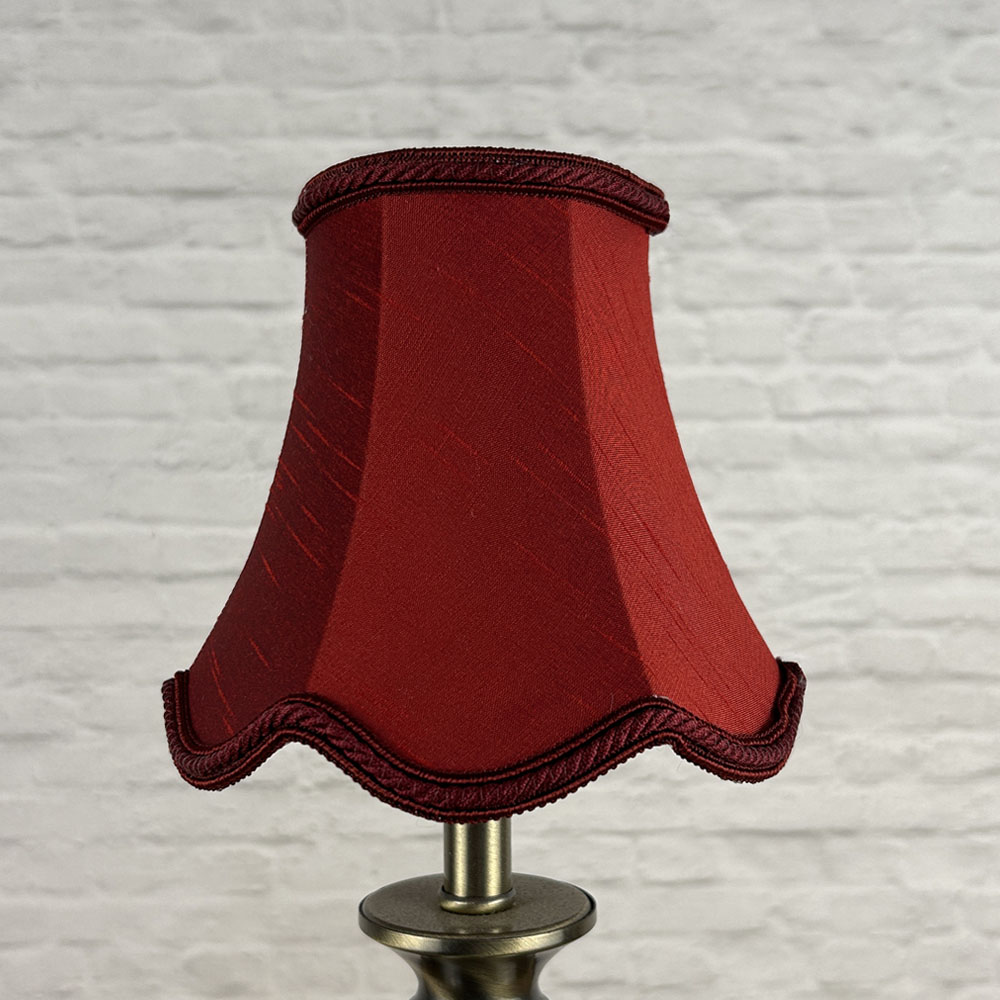 Burgundy faux silk scalloped chandelier shade with rope trim unlit