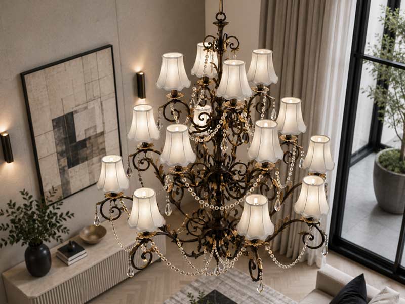 Handmade Scalloped Chandelier Lamp shades Handmade scalloped chandelier lamp shades fitted to a traditional chandelier in an elegant interior.