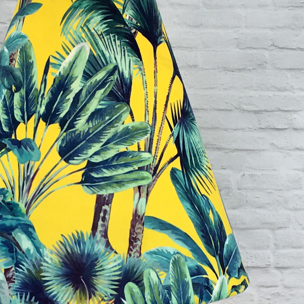 Yellow tropical palm cone lampshade velvet fabric close-up