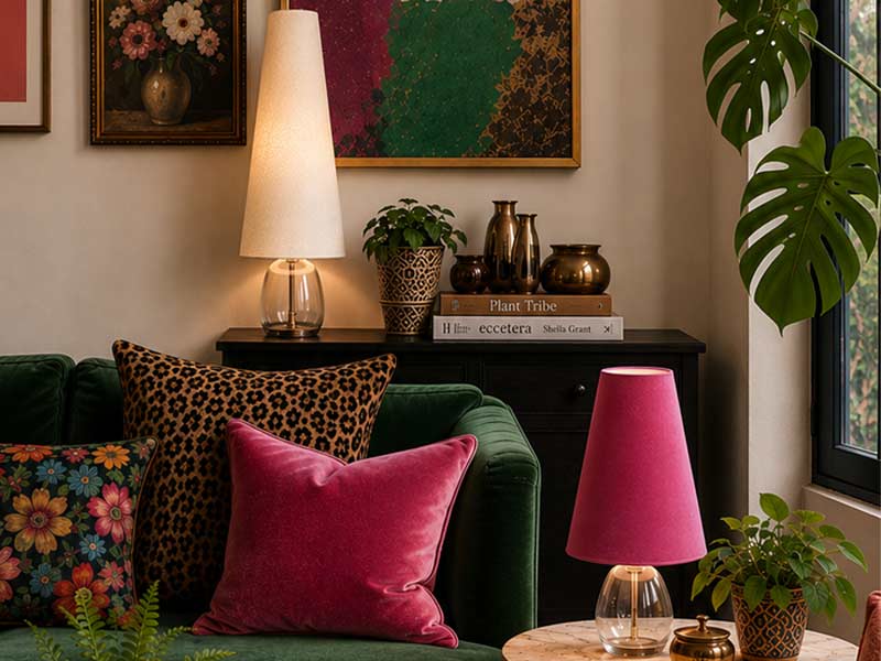 Handmade Cone & Tall Cone Lampshades Handmade tall cone and cone lampshades displayed on glass table lamps in a contemporary living room.