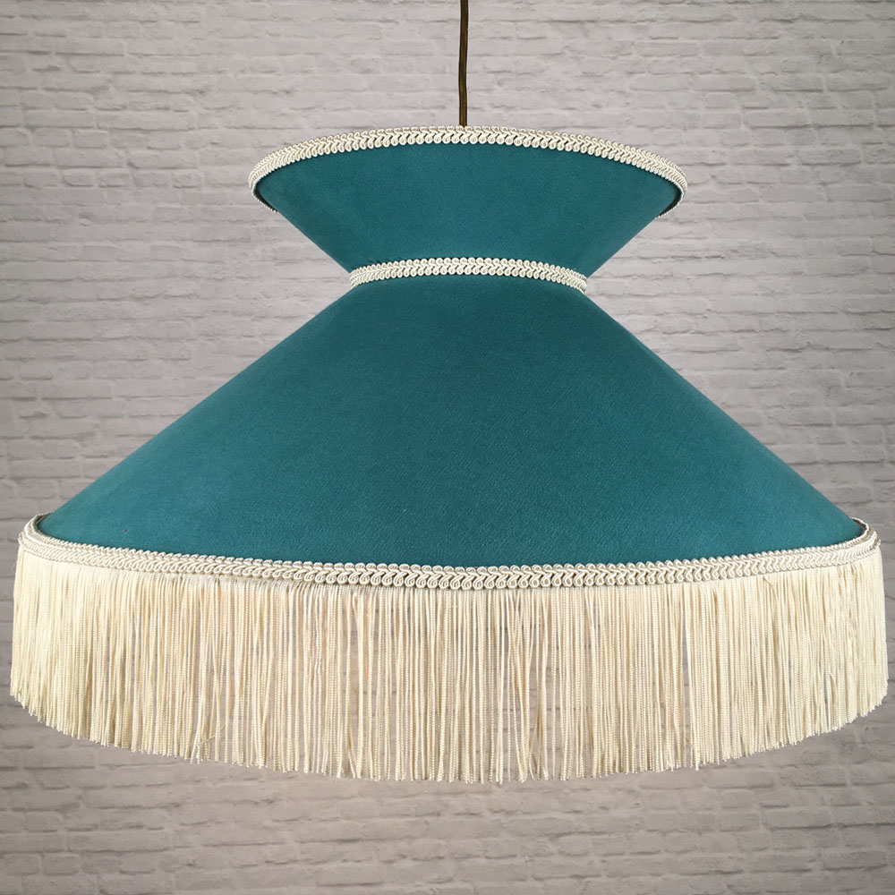 Teal & Oyster fringe lampshade showing the true fabric colours and luxurious fringe.